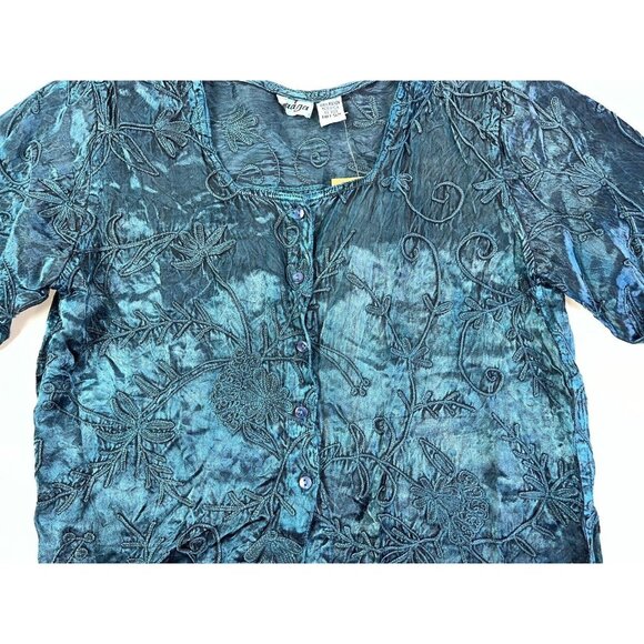 NEW Aqua Satin Blouse Raised Design 3D 100% Rayon Free Size Button Front M Large - Picture 1 of 8